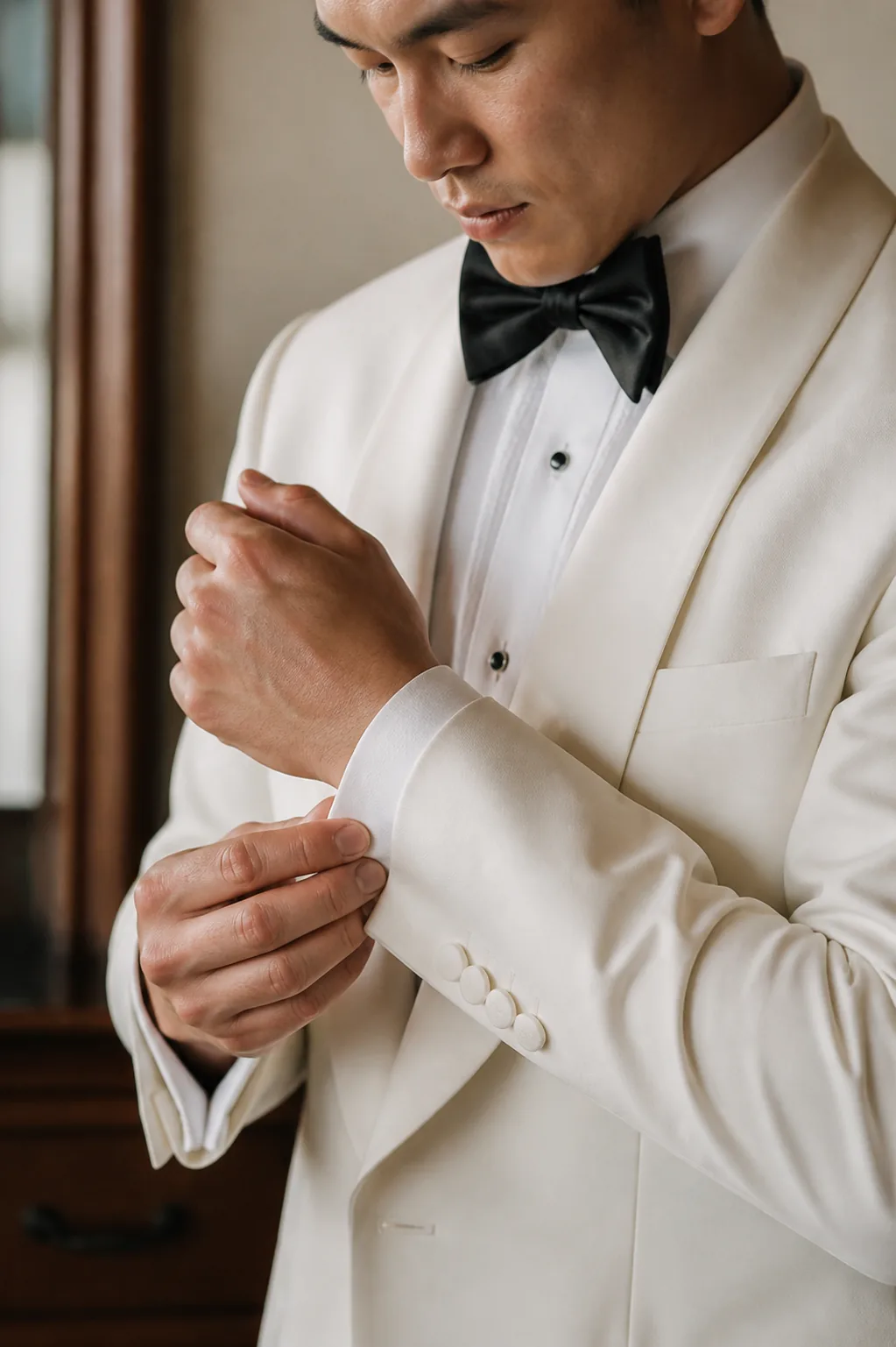 Groom adjusting the cuff of an ivory dinner jacket