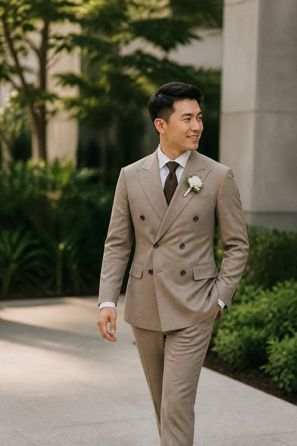Groom in a warm taupe double-breasted suit