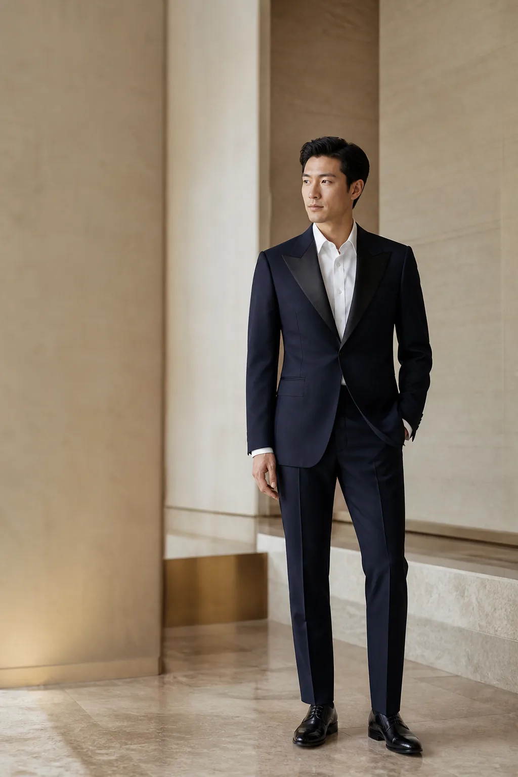 Groom in a midnight navy tuxedo